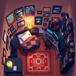 A top-down view of a cozy guy's room with a warm atmosphere, rendered in pixel art style