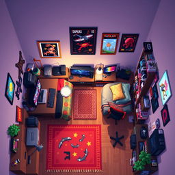 A top-down view of a cozy guy's room with a warm atmosphere, rendered in pixel art style