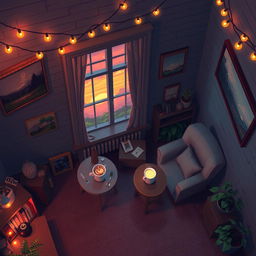 A top-down view of an atmospheric room designed in pixel art style, exuding a warm and inviting atmosphere