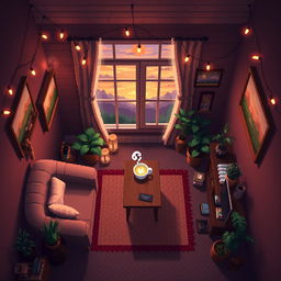 A top-down view of an atmospheric room designed in pixel art style, exuding a warm and inviting atmosphere