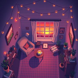 A top-down view of an atmospheric room designed in pixel art style, exuding a warm and inviting atmosphere