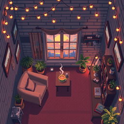 A top-down view of an atmospheric room designed in pixel art style, exuding a warm and inviting atmosphere