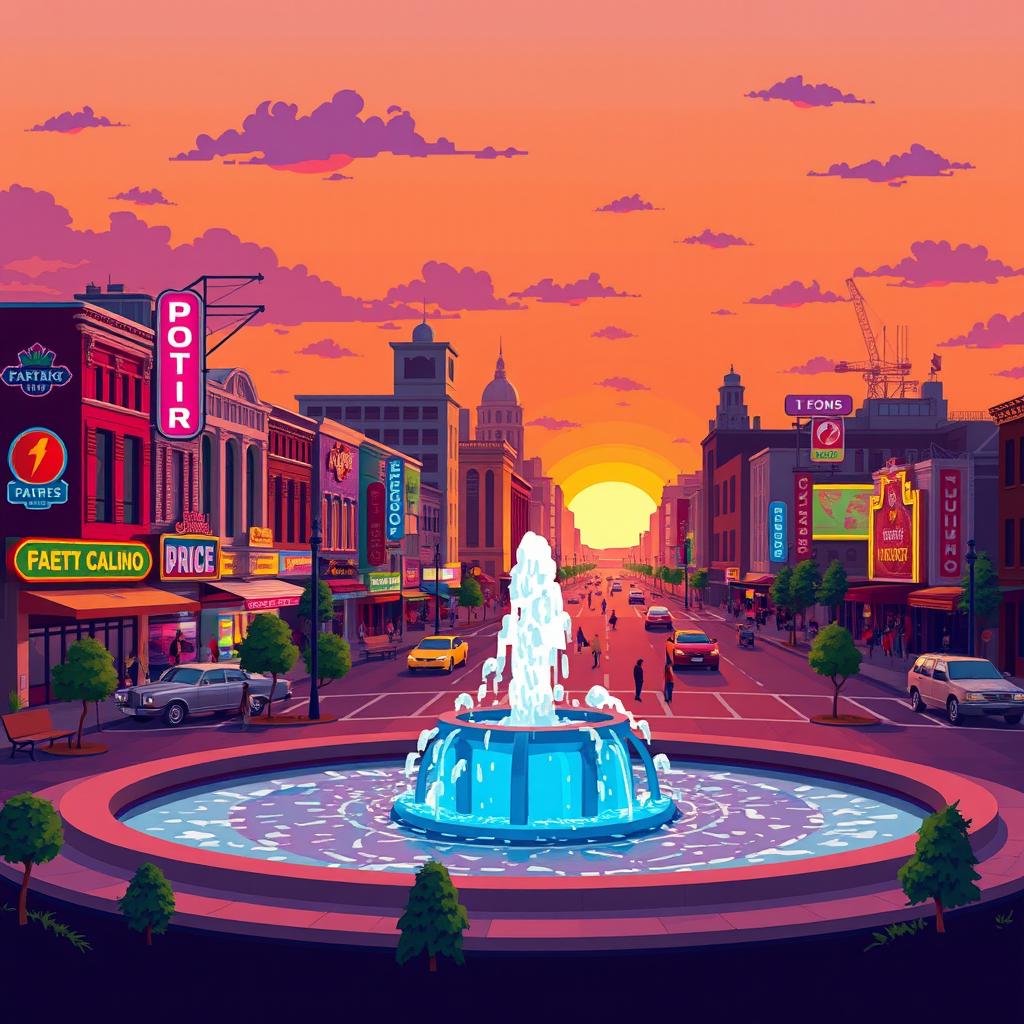 a vibrant cityscape at sunset, depicted in pixel art style, featuring colorful vintage buildings, bustling streets with tiny pixel people, and classic cars