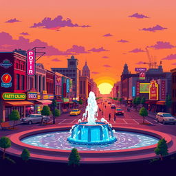 a vibrant cityscape at sunset, depicted in pixel art style, featuring colorful vintage buildings, bustling streets with tiny pixel people, and classic cars