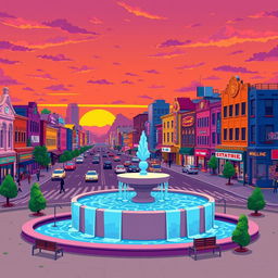 a vibrant cityscape at sunset, depicted in pixel art style, featuring colorful vintage buildings, bustling streets with tiny pixel people, and classic cars