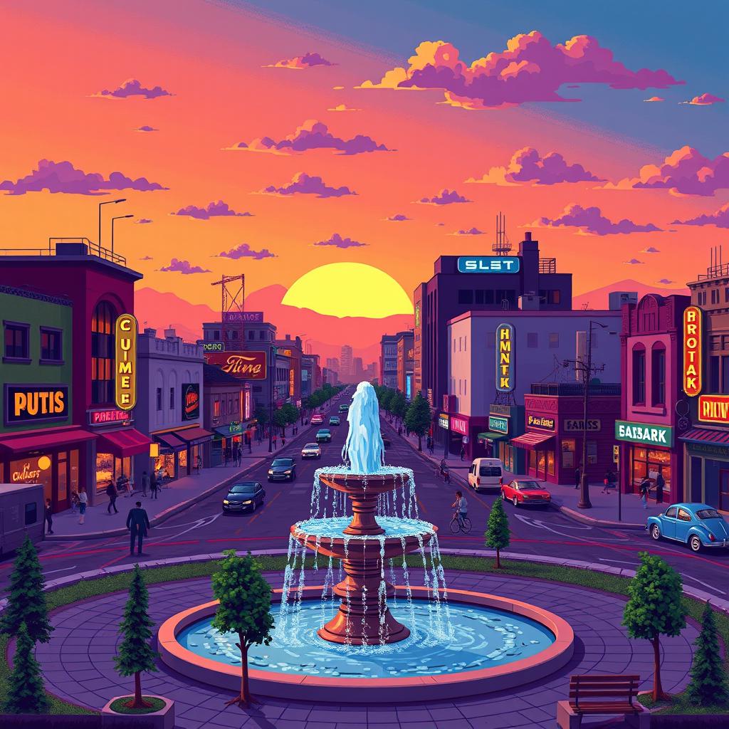 a vibrant cityscape at sunset, depicted in pixel art style, featuring colorful vintage buildings, bustling streets with tiny pixel people, and classic cars