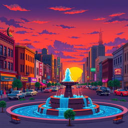 a vibrant cityscape at sunset, depicted in pixel art style, featuring colorful vintage buildings, bustling streets with tiny pixel people, and classic cars