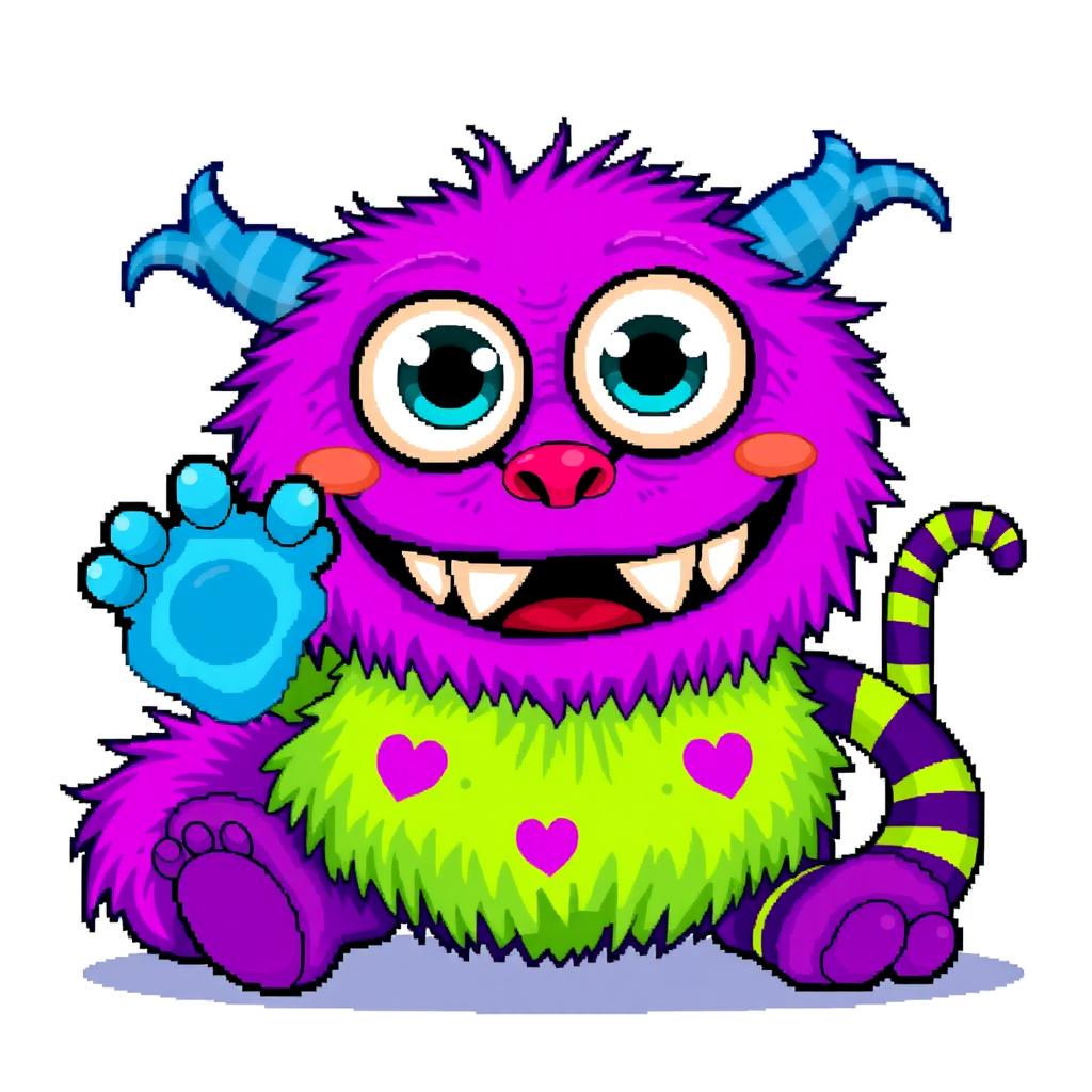 A vibrant and detailed pixel art depiction of a whimsical monster doll, featuring oversized googly eyes, brightly colored fur in shades of purple and green, and a playful, toothy grin