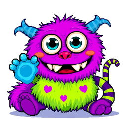 A vibrant and detailed pixel art depiction of a whimsical monster doll, featuring oversized googly eyes, brightly colored fur in shades of purple and green, and a playful, toothy grin