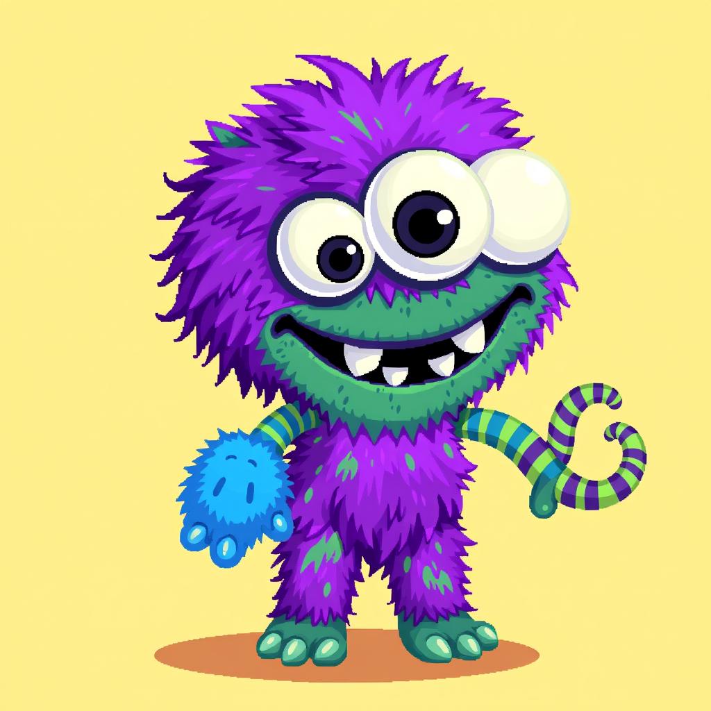 A vibrant and detailed pixel art depiction of a whimsical monster doll, featuring oversized googly eyes, brightly colored fur in shades of purple and green, and a playful, toothy grin