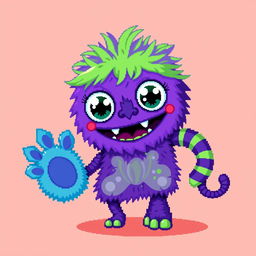 A vibrant and detailed pixel art depiction of a whimsical monster doll, featuring oversized googly eyes, brightly colored fur in shades of purple and green, and a playful, toothy grin