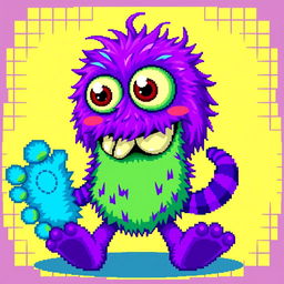 A vibrant and detailed pixel art depiction of a whimsical monster doll, featuring oversized googly eyes, brightly colored fur in shades of purple and green, and a playful, toothy grin