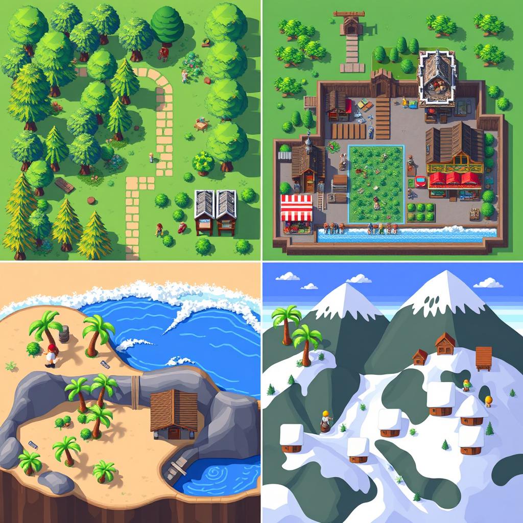 a collection of top-down view pixel art presets, featuring various environments including a lush forest with pixelated trees and pathways, a medieval town square with colorful market stalls and pixel villagers, a tranquil beach scene with pixel palm trees and waves, and a snowy mountain landscape with pixelated cabins and ski slopes