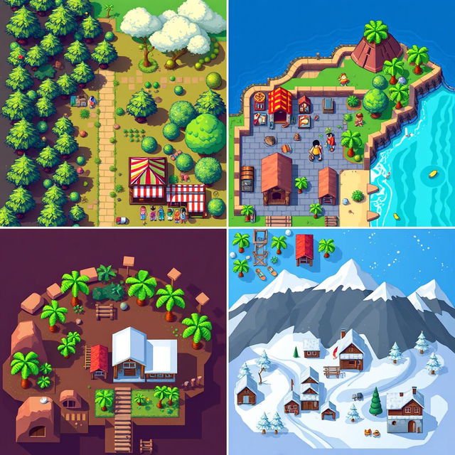a collection of top-down view pixel art presets, featuring various environments including a lush forest with pixelated trees and pathways, a medieval town square with colorful market stalls and pixel villagers, a tranquil beach scene with pixel palm trees and waves, and a snowy mountain landscape with pixelated cabins and ski slopes