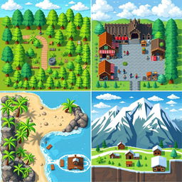 a collection of top-down view pixel art presets, featuring various environments including a lush forest with pixelated trees and pathways, a medieval town square with colorful market stalls and pixel villagers, a tranquil beach scene with pixel palm trees and waves, and a snowy mountain landscape with pixelated cabins and ski slopes