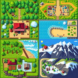 a collection of top-down view pixel art presets, featuring various environments including a lush forest with pixelated trees and pathways, a medieval town square with colorful market stalls and pixel villagers, a tranquil beach scene with pixel palm trees and waves, and a snowy mountain landscape with pixelated cabins and ski slopes