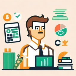 A profile picture featuring a clean, professional theme, with symbols of accounting such as calculators, ledgers and pie charts, in corporate colors.