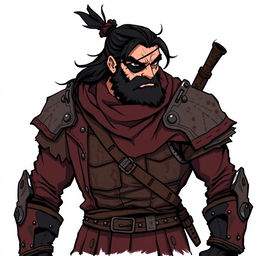 An illustration of a rugged human character with black hair tied in a knot and a black beard