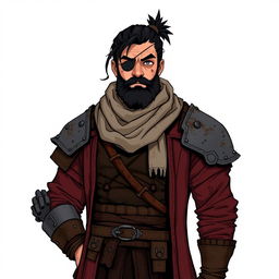 An illustration of a rugged human character with black hair tied in a knot and a black beard