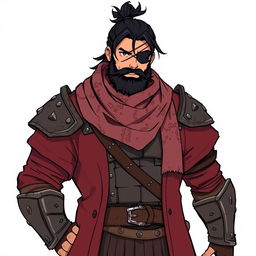 An illustration of a rugged human character with black hair tied in a knot and a black beard