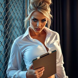 A stunning close-up shot of a gorgeous blonde woman with her hair styled in a bun, wearing a fitted white shirt tied at the front, accentuating her curves and large chest