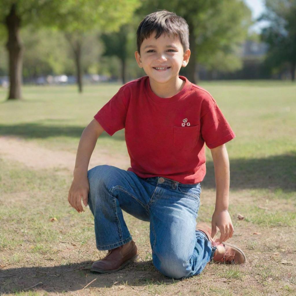 Andres, a humble, cheerful boy with short dark hair, brown eyes, dressed in a worn but clean red shirt and patched blue jeans, happily playing in a sunlit park.