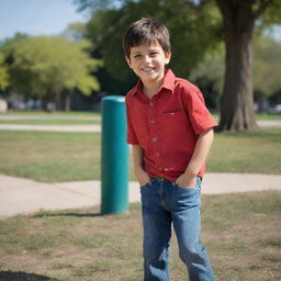 Andres, a humble, cheerful boy with short dark hair, brown eyes, dressed in a worn but clean red shirt and patched blue jeans, happily playing in a sunlit park.