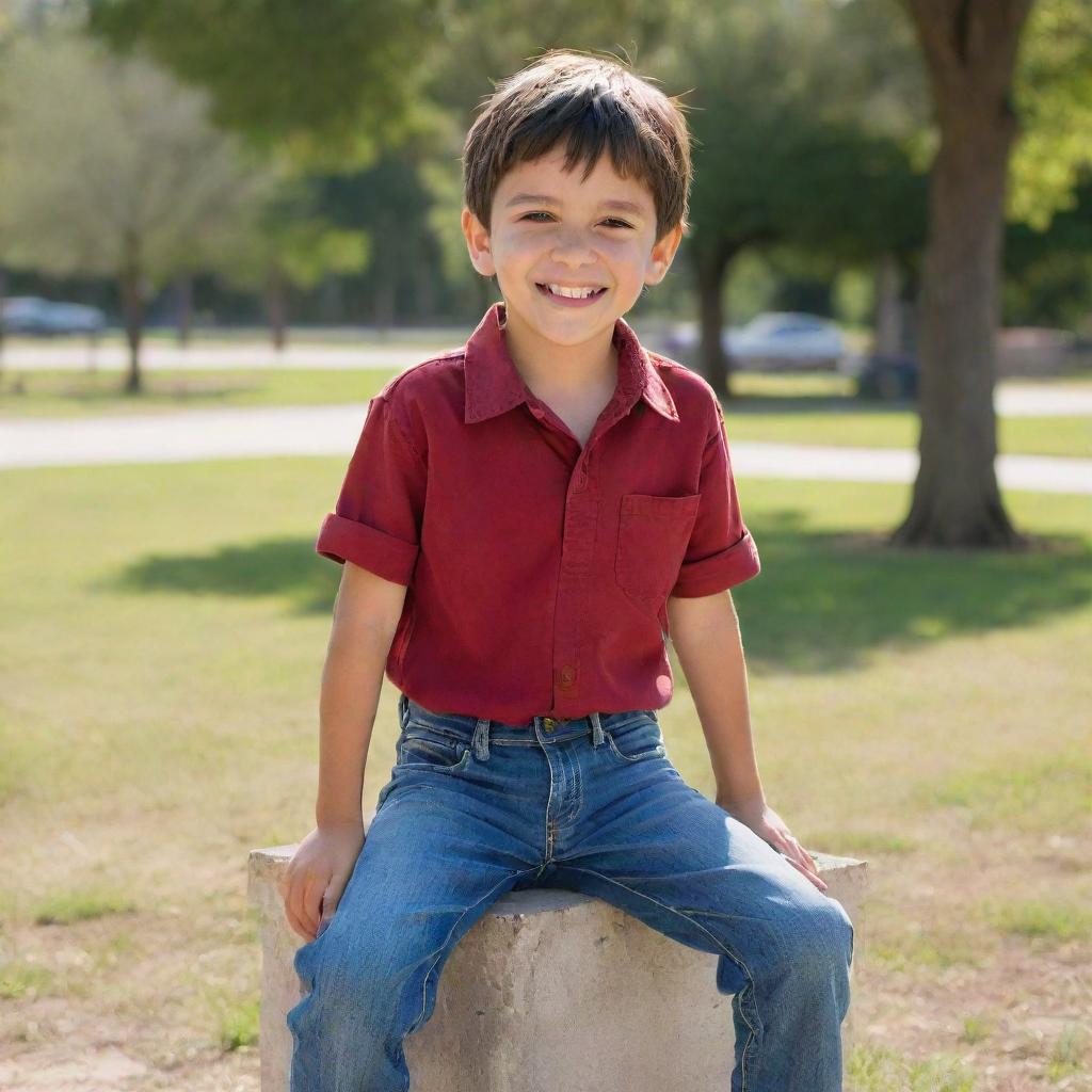 Andres, a humble, cheerful boy with short dark hair, brown eyes, dressed in a worn but clean red shirt and patched blue jeans, happily playing in a sunlit park.