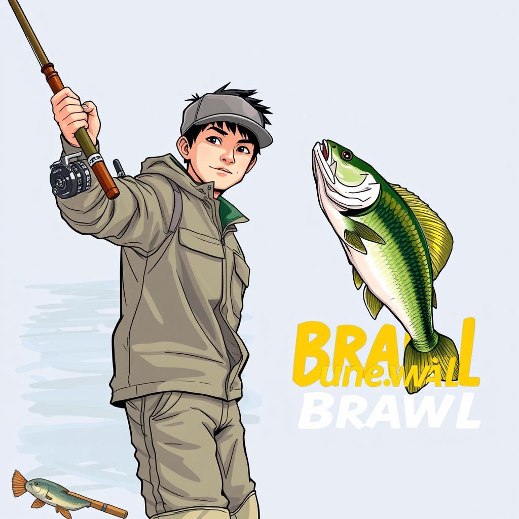 A dynamic, realistic fishing scene with a young Asian fisherman featuring narrow eyes and an enthusiastic expression