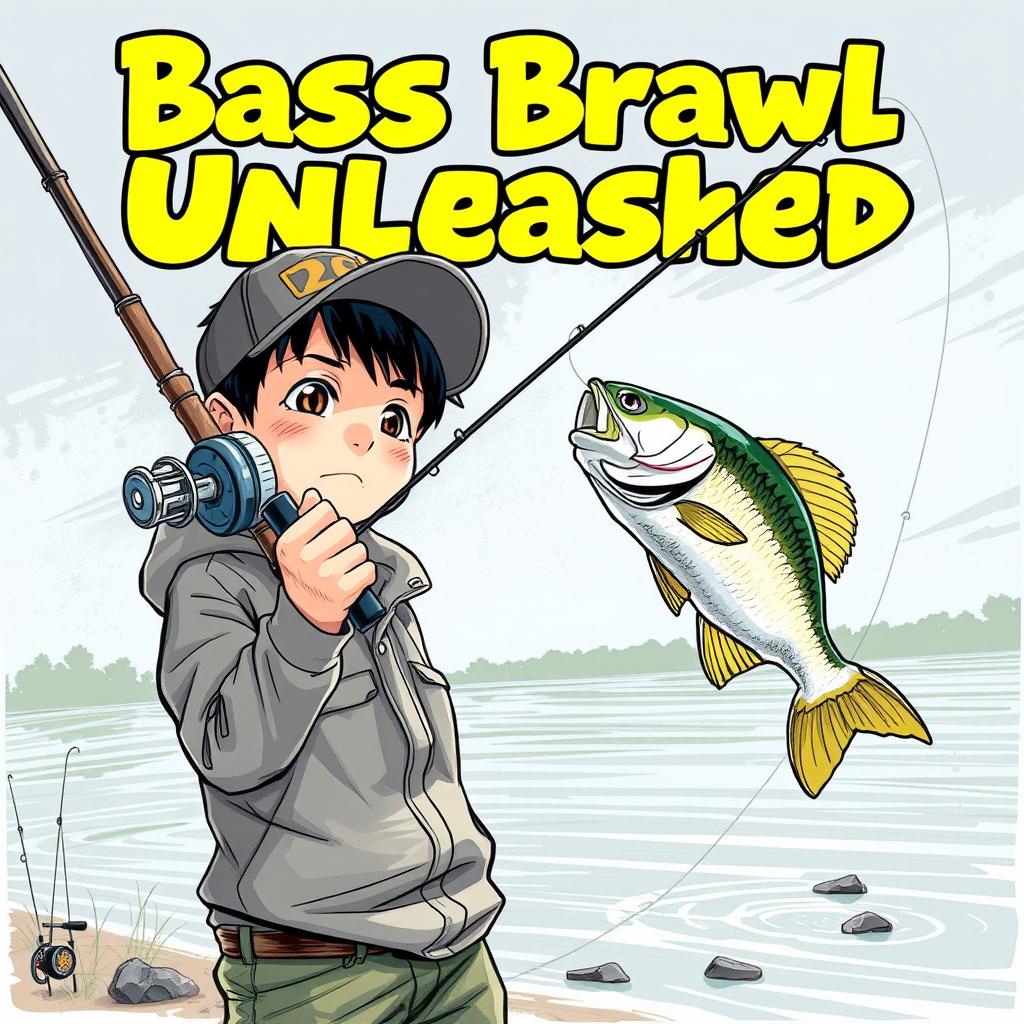 A dynamic, realistic fishing scene with a young Asian fisherman featuring narrow eyes and an enthusiastic expression