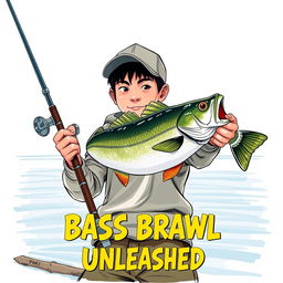 A dynamic, realistic fishing scene with a young Asian fisherman featuring narrow eyes and an enthusiastic expression