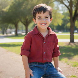 Andres, a humble, cheerful boy with short dark hair, brown eyes, dressed in a worn but clean red shirt and patched blue jeans, happily playing in a sunlit park.