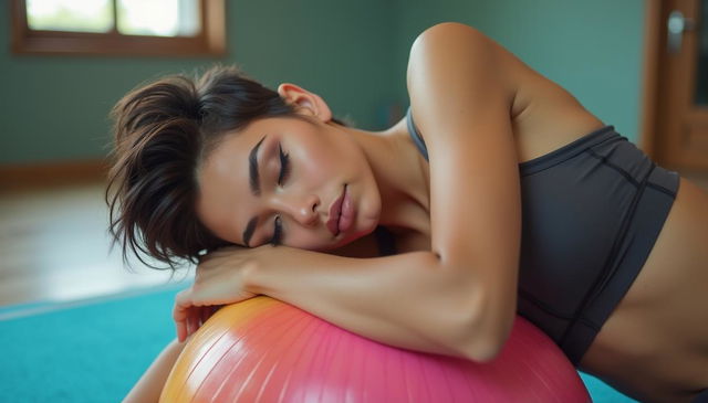 A beautiful 18 year old woman with a stylish Quiff Pixie hairstyle, featuring a curvaceous figure and large breasts, peacefully sleeping on a colorful gymnastic ball