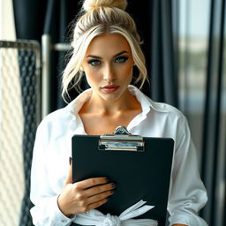 Close-up shot of a gorgeous female with blonde hair styled in a bun, wearing a white shirt tied at the front to accentuate her large chest and cleavage