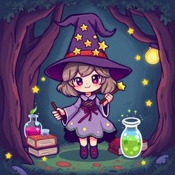 A cute, pixel art witch character with a whimsical design, wearing a pointed hat adorned with stars, a flowing dress, and holding a magical wand