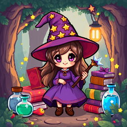 A cute, pixel art witch character with a whimsical design, wearing a pointed hat adorned with stars, a flowing dress, and holding a magical wand