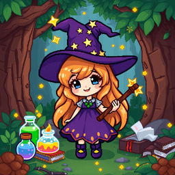 A cute, pixel art witch character with a whimsical design, wearing a pointed hat adorned with stars, a flowing dress, and holding a magical wand