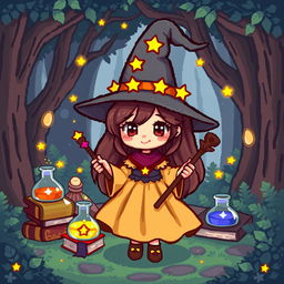 A cute, pixel art witch character with a whimsical design, wearing a pointed hat adorned with stars, a flowing dress, and holding a magical wand