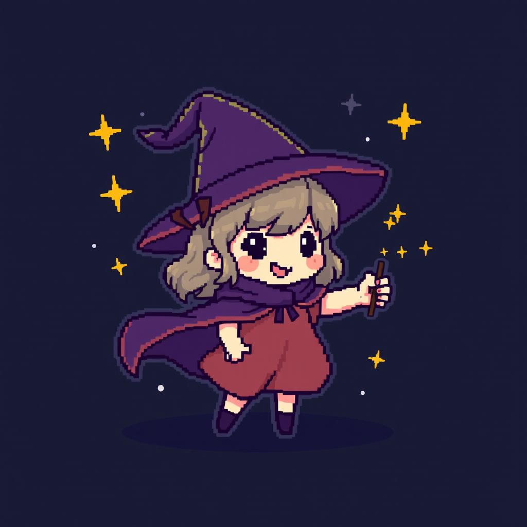 A cute pixel art sprite of a young witch character, wearing a small pointy hat and a flowing cape