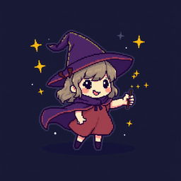 A cute pixel art sprite of a young witch character, wearing a small pointy hat and a flowing cape