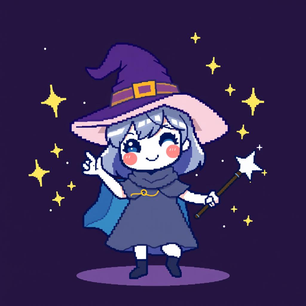 A cute pixel art sprite of a young witch character, wearing a small pointy hat and a flowing cape