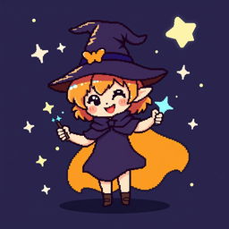 A cute pixel art sprite of a young witch character, wearing a small pointy hat and a flowing cape