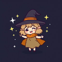 A cute pixel art sprite of a young witch character, wearing a small pointy hat and a flowing cape