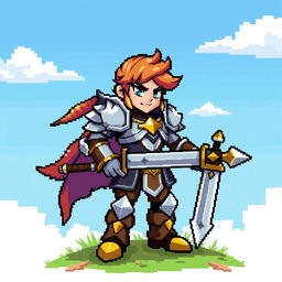 A colorful pixel art character design featuring a fantasy warrior, clad in shining armor with a large sword