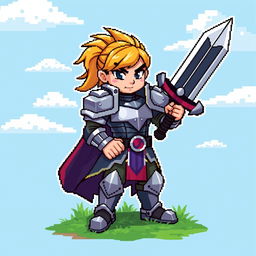 A colorful pixel art character design featuring a fantasy warrior, clad in shining armor with a large sword