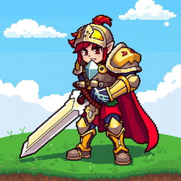 A colorful pixel art character design featuring a fantasy warrior, clad in shining armor with a large sword