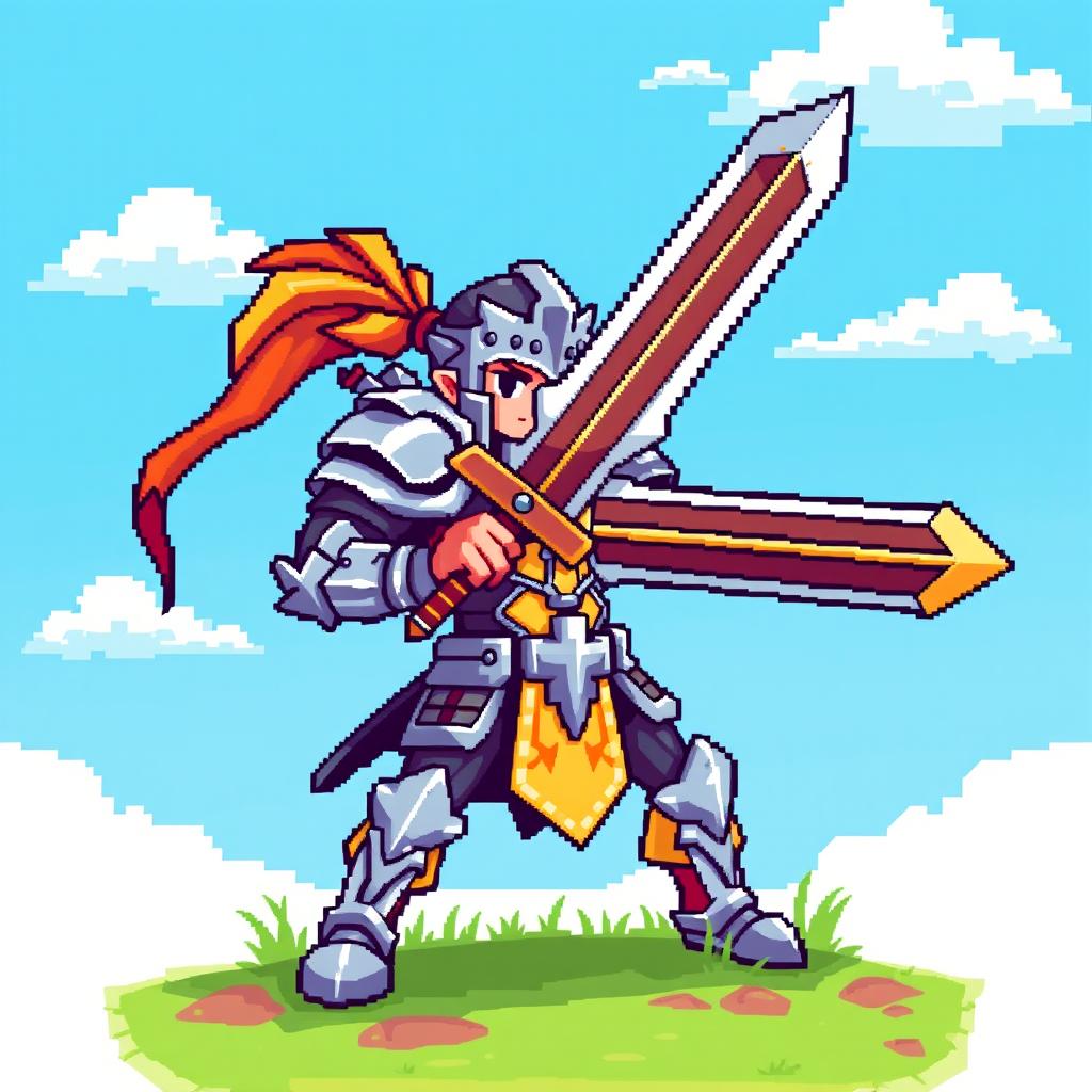 A colorful pixel art character design featuring a fantasy warrior, clad in shining armor with a large sword