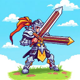 A colorful pixel art character design featuring a fantasy warrior, clad in shining armor with a large sword