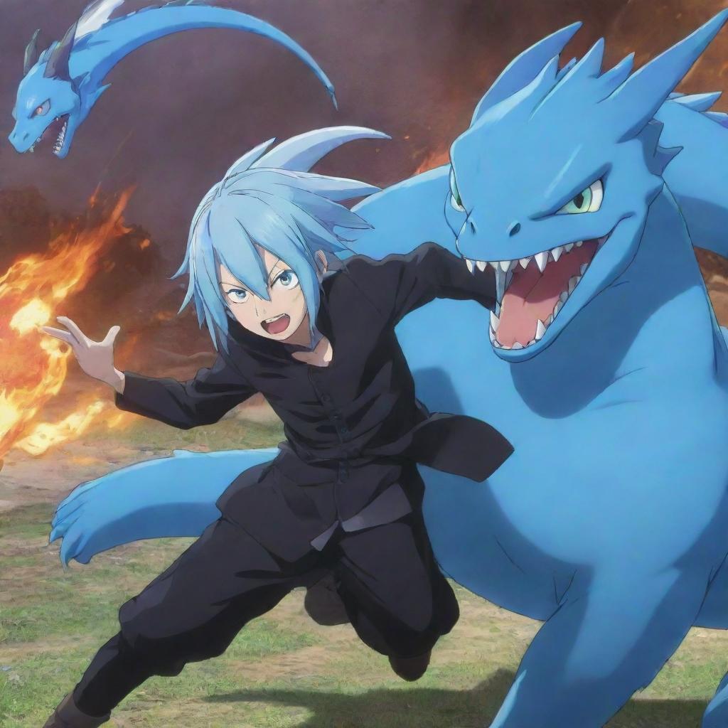 Rimuru Tempest from the anime 'That Time I Got Reincarnated as a Slime', engaging in a vibrant battle with a fierce dragon.