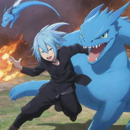 Rimuru Tempest from the anime 'That Time I Got Reincarnated as a Slime', engaging in a vibrant battle with a fierce dragon.